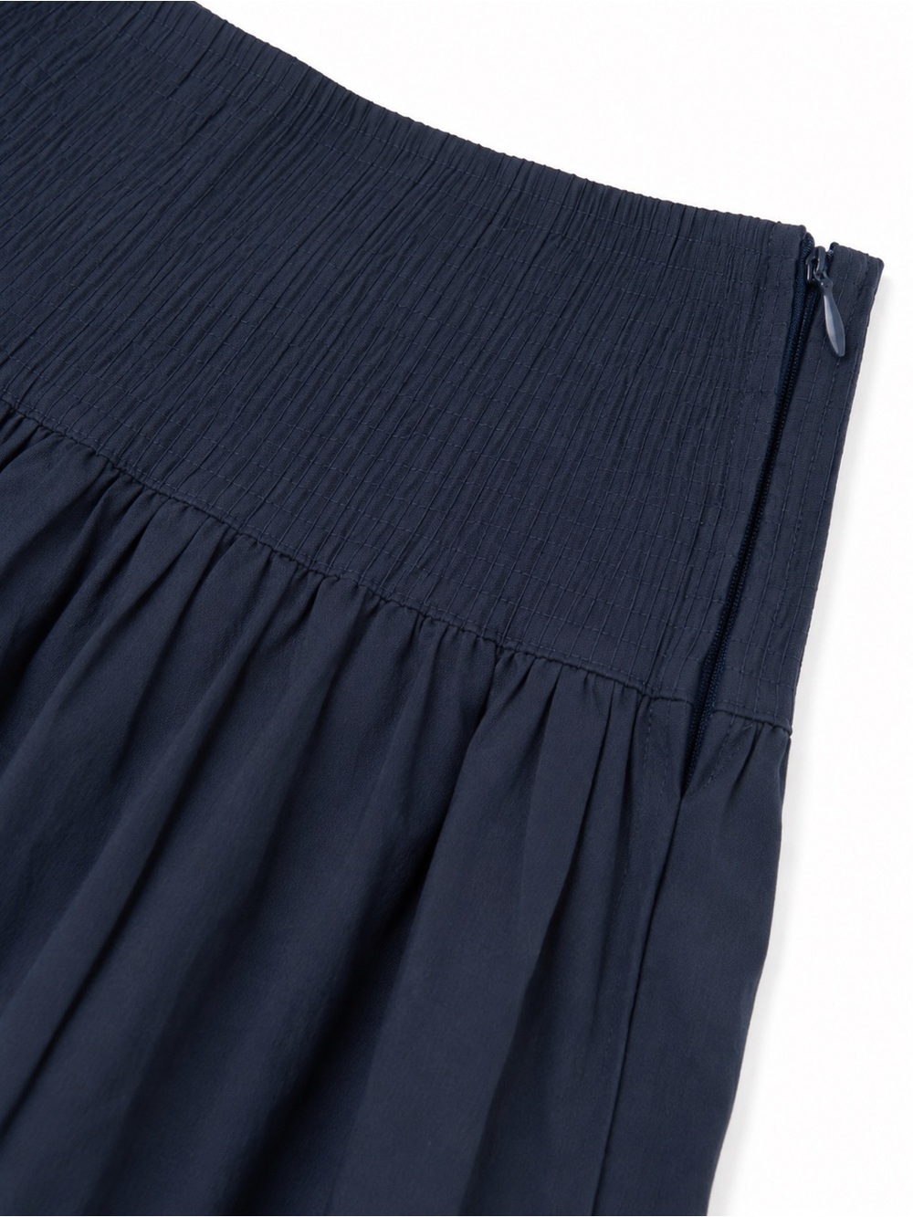 Onia Navy Blue 100% Cotton Smocked Waist A-Line Midi Skirt Size 6 Pockets - Picture 3 of 6